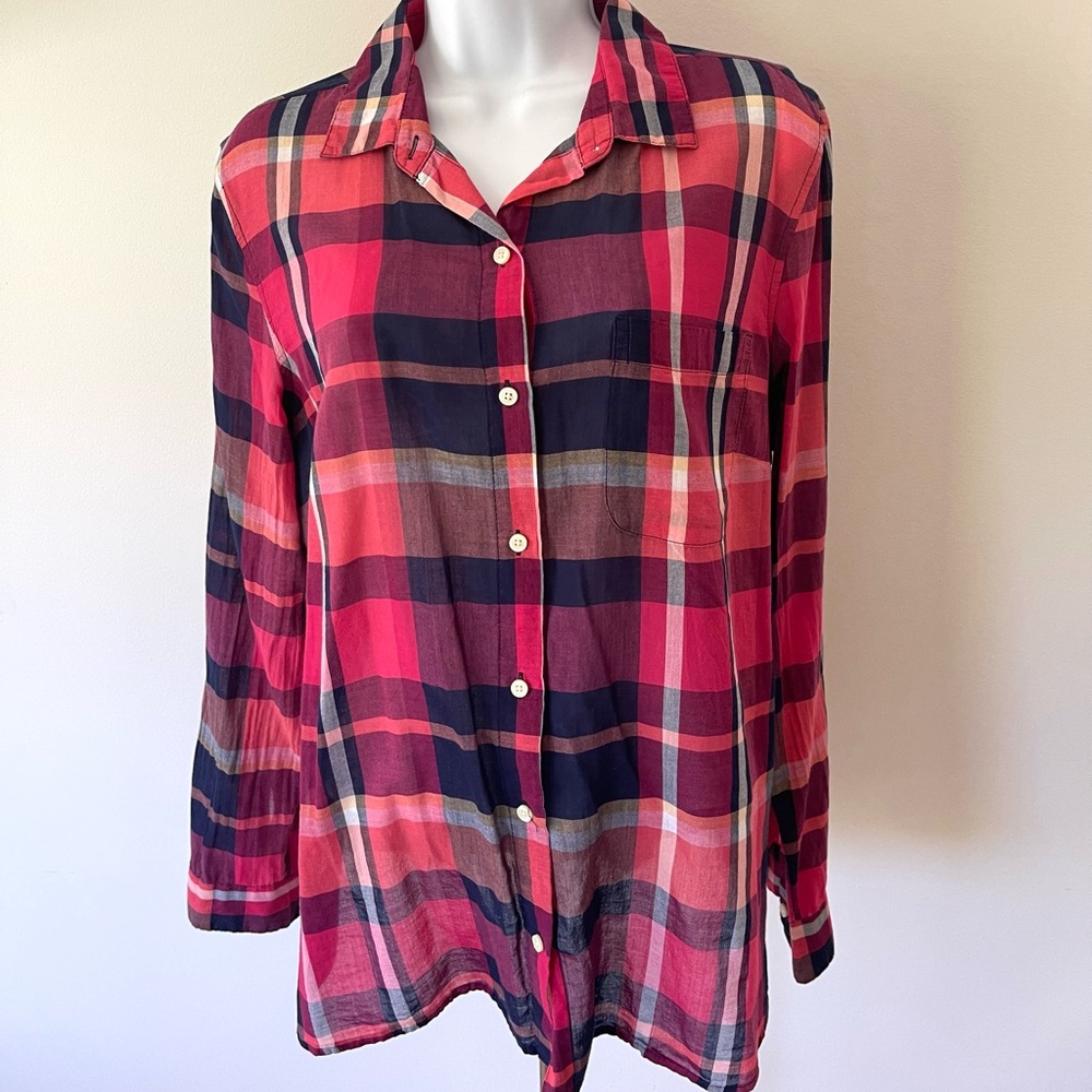 Old Navy Women’s Button Down Plaid Shirt Size L Pink and Navy Blue Long …